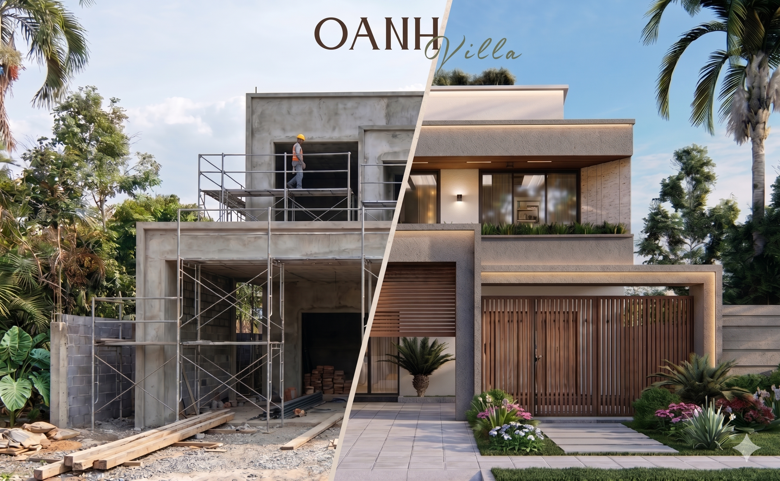 Hình ảnh so sánh trước và sau khi thi công xây dựng trọn gói dự án Oanh Villa hiện đại bởi MOD Architecture.
