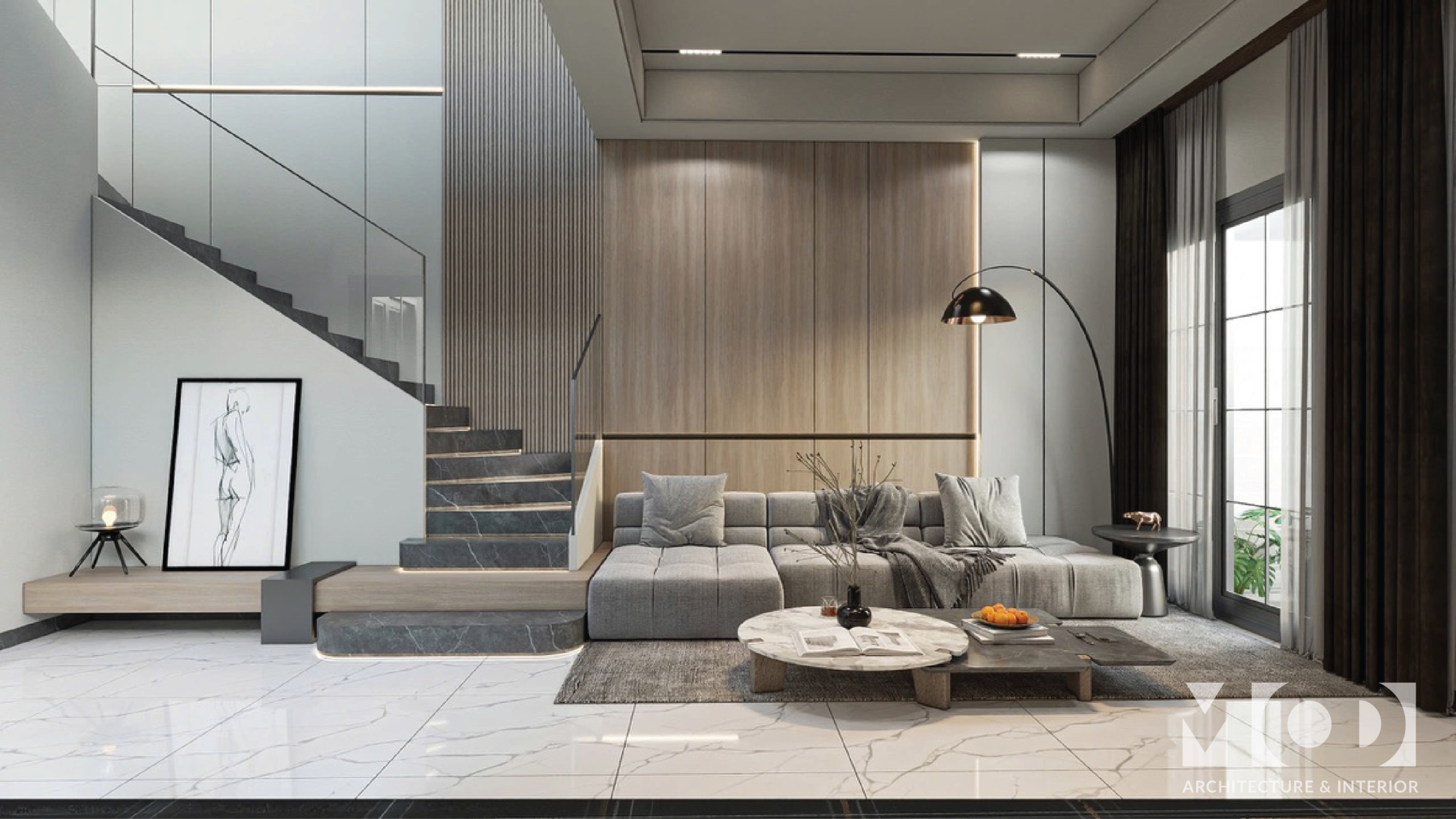 Thiết kế nội thất phòng khách hiện đại phong cách tối giản với sofa xám và vách gỗ sang trọng.